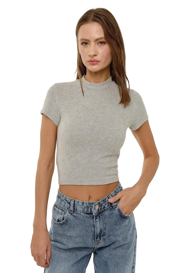 Bluza dama,  tricotata, slim fit, gri, poliester si viscoza