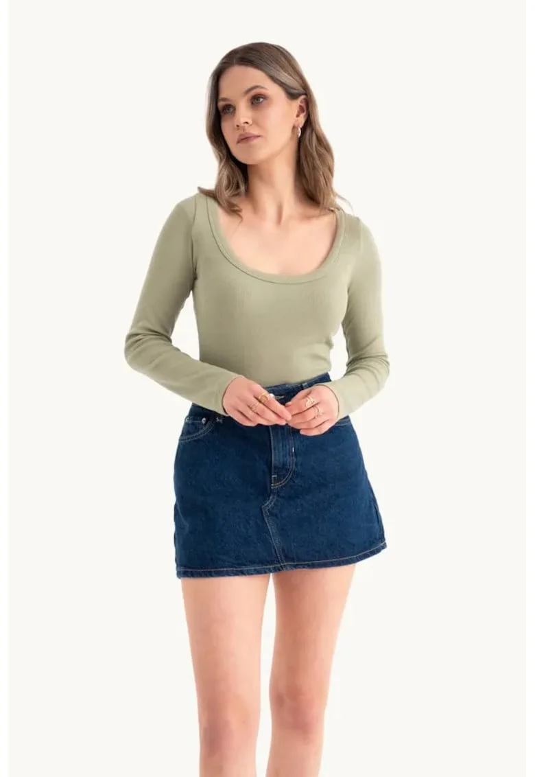 Bluza dama,  croptop Basic, maneca lunga, bej, bumbac
