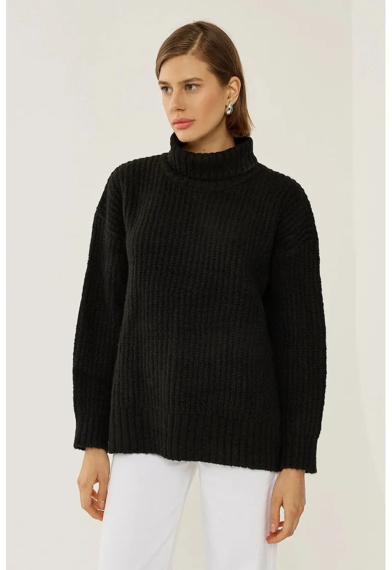 Pulover dama,  cu guler inalt, negru, acril