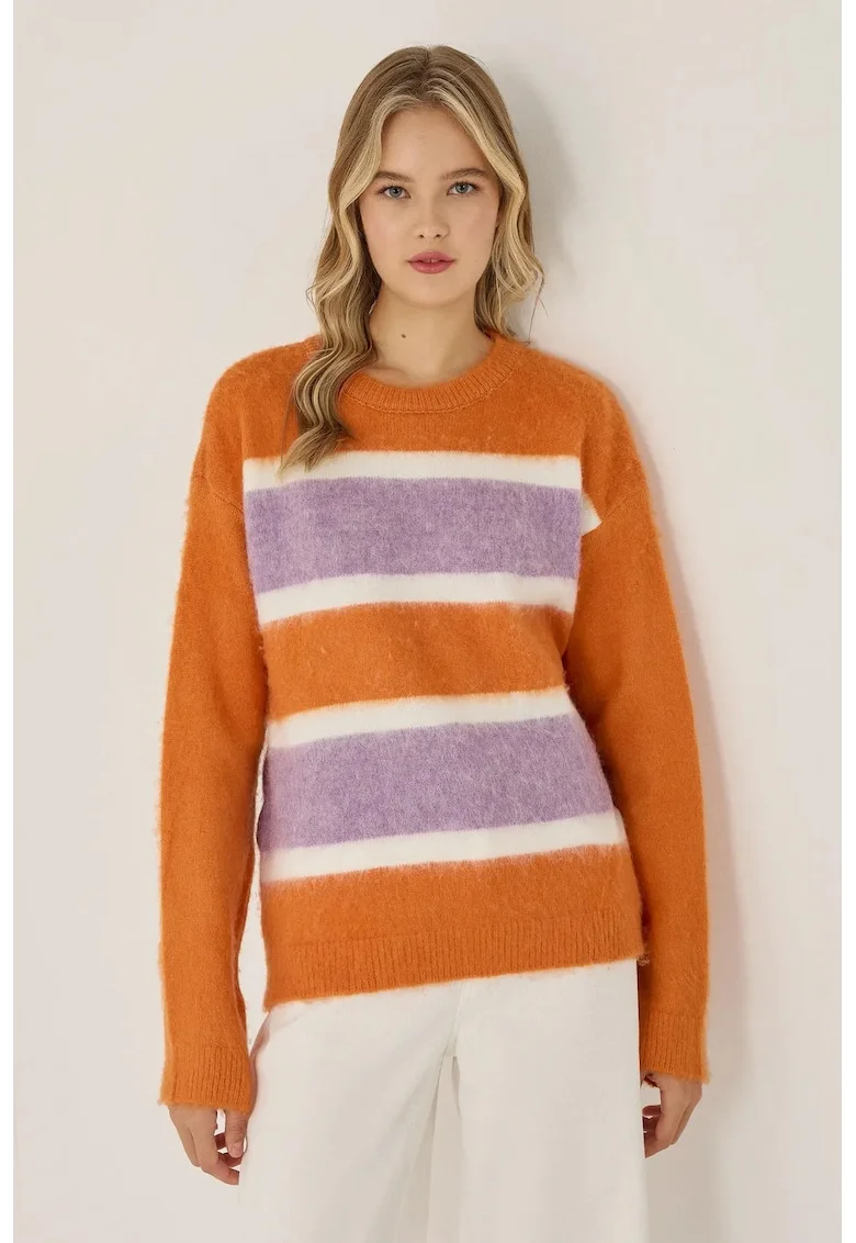 Pulover dama  Relaxed Fit, dungi colorate, roz-portocaliu, acril