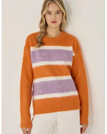 Pulover dama  Relaxed Fit, dungi colorate, roz-portocaliu, acril