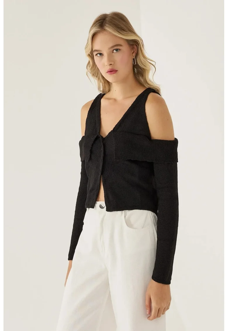 Pulover tricotat decupat,  negru, acril, pentru femei
