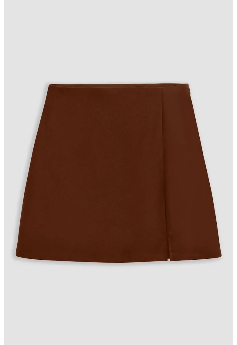 Fusta mini dama  poliester/elastan, crapatura laterala, maro