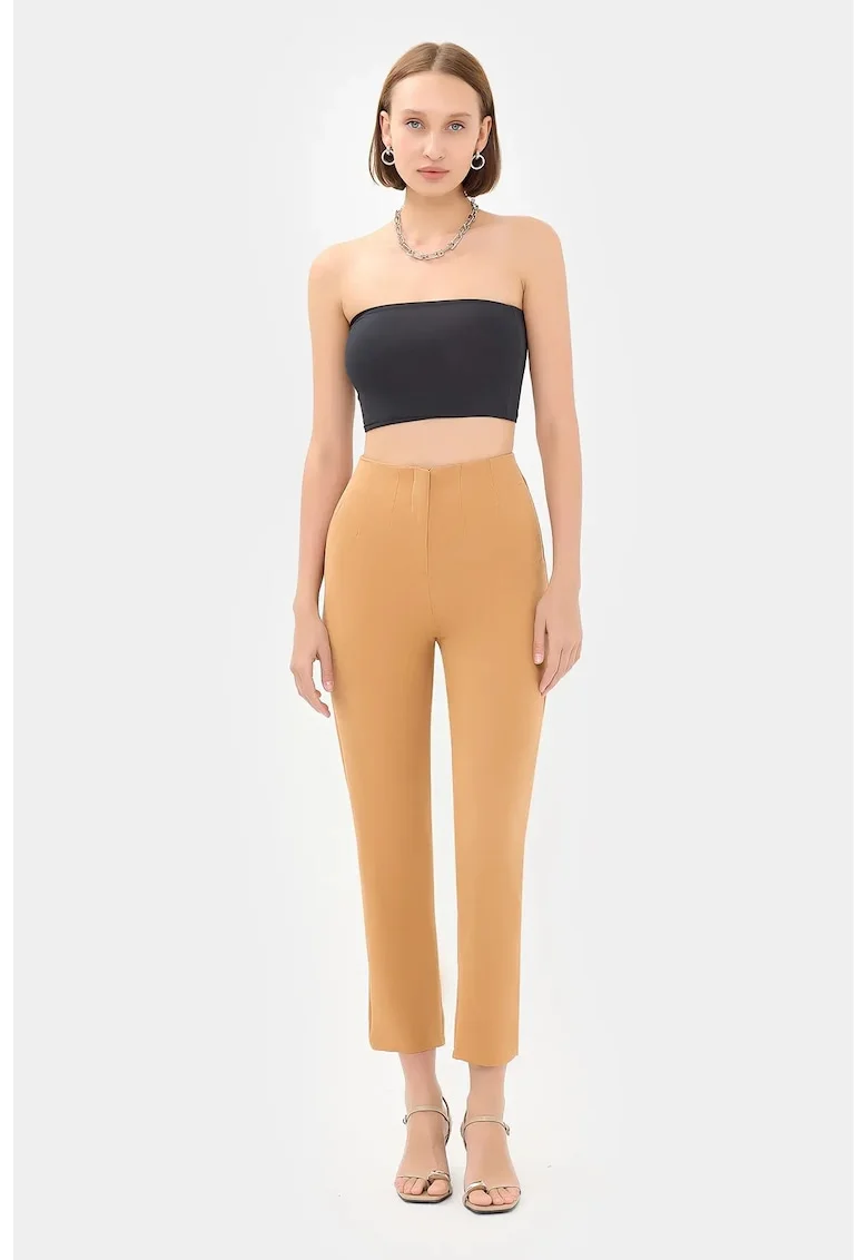 Pantaloni dama,  talie inalta, croiala tip morcov, alb, textil