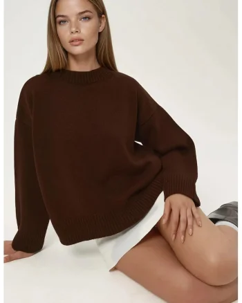 Pulover de dama  guler rotund, confortabil, maro, tricot