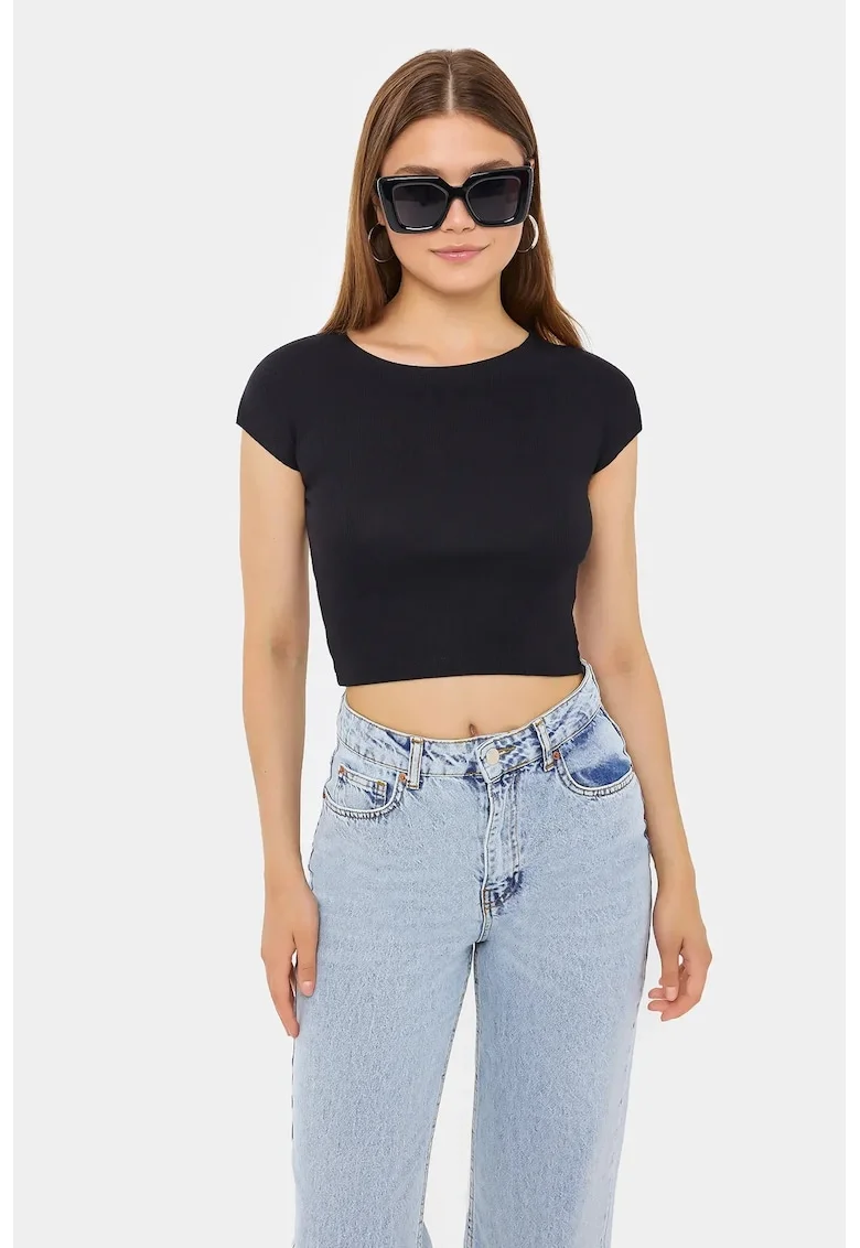 Tricou dama,  scurt, maneca scurta, negru, bumbac