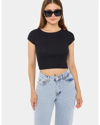 Tricou dama,  scurt, maneca scurta, negru, bumbac