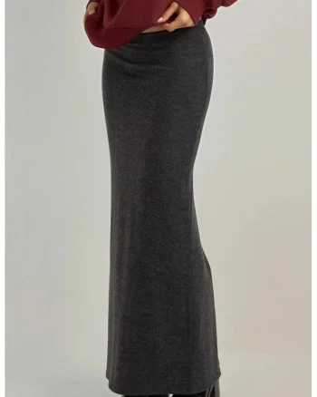 Fusta  texturata, talie elastica, gri inchis, tricot
