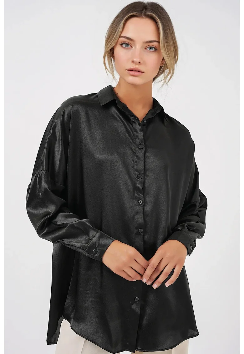 Camasa dama, HiCCUP, supradimensionata, satin, negru, poliester