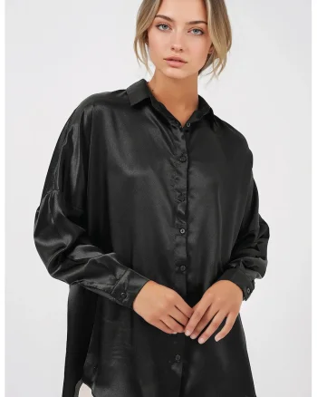 Camasa dama, HiCCUP, supradimensionata, satin, negru, poliester