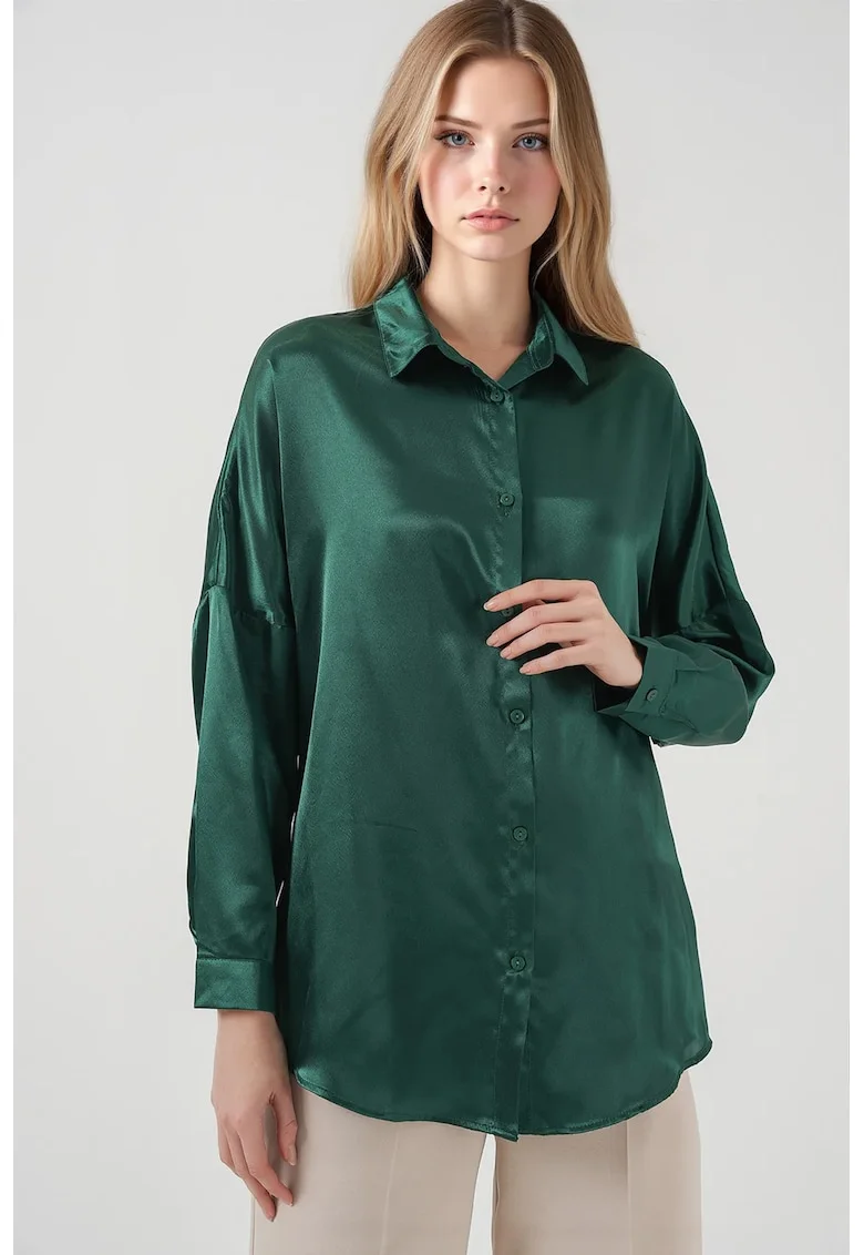 Camasa supradimensionata HiCCUP din satin, verde padure, poliester, cu inchidere cu nasturi