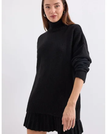 Rochie  Set Coordonat, Tricot Texturat, Jerseu, Negru,