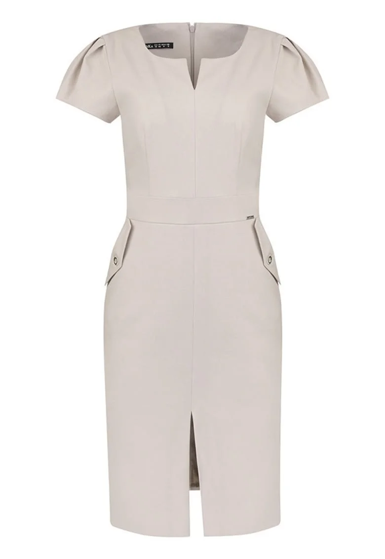 Rochie cambrata cu slit frontal, Bej