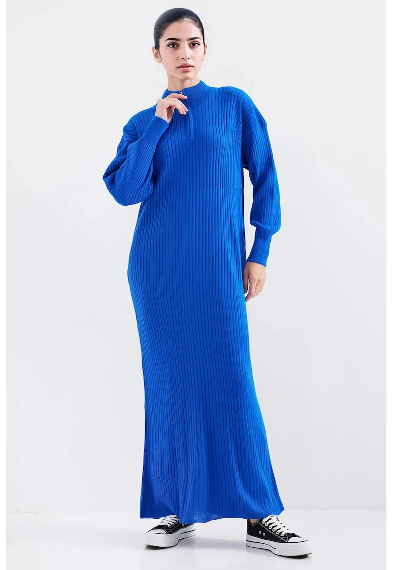 Rochie tricotata  guler inalt, fermoar, material texturat, Albastru de cobalt,