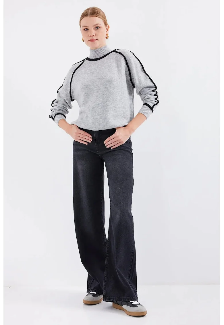 Pulover dama,  guler inalt, dungi supradimensionate, tricot, Gri deschis,