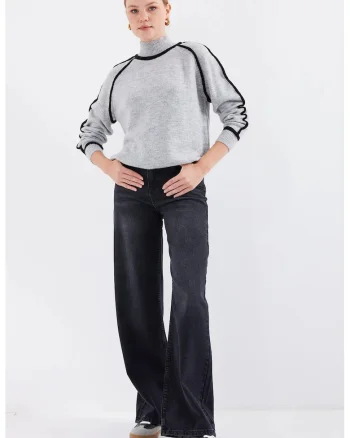 Pulover dama,  guler inalt, dungi supradimensionate, tricot, Gri deschis,