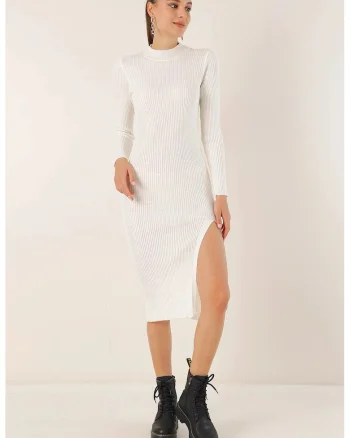 Rochie  tricotata, guler rotund, Alb,