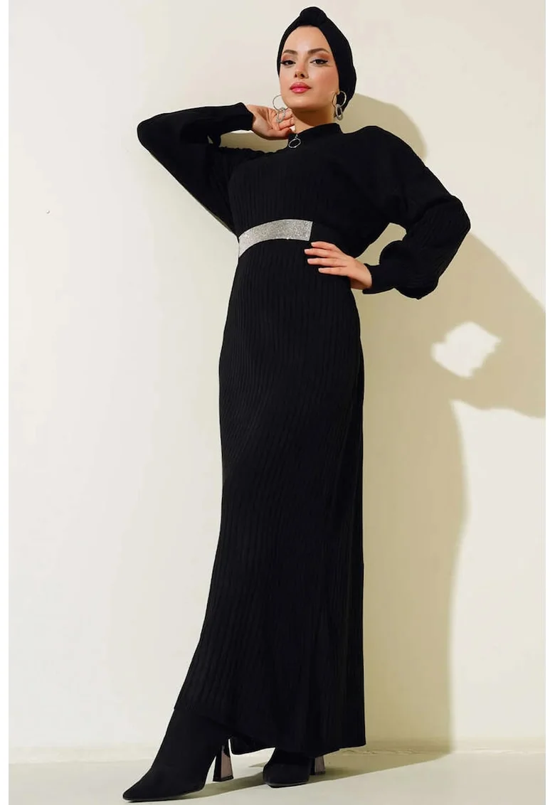Rochie maxi,  tricotata cu guler inalt, neagra, material elastic, Negru,