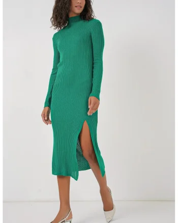 Rochie  texturata tricotata cu guler rotund, tricot, Verde,
