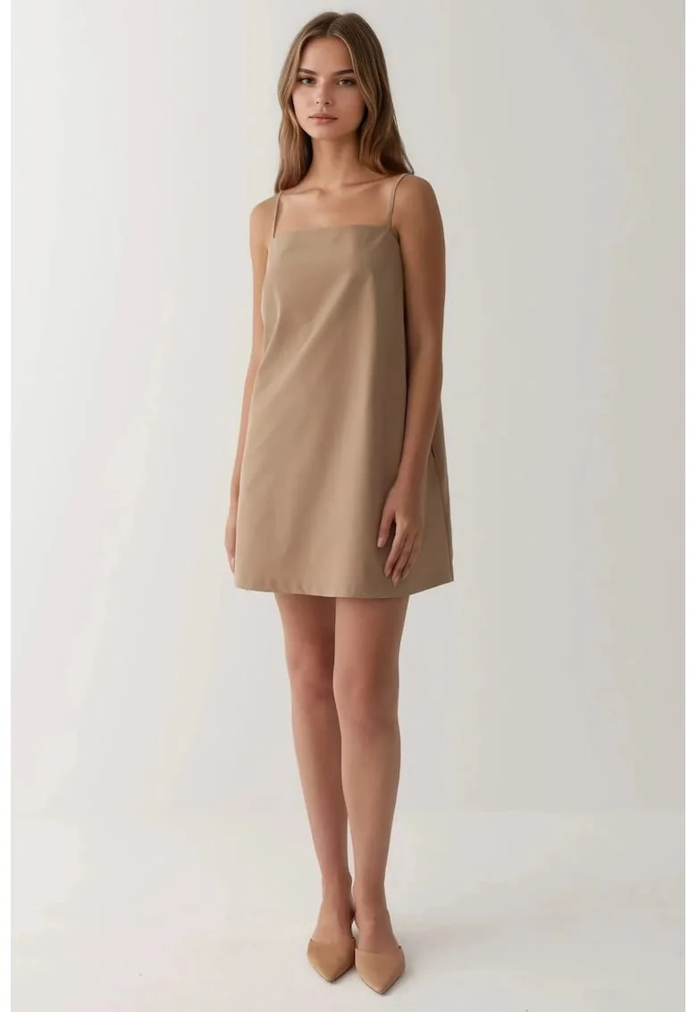 Rochie mini,  guler patrat, buzunare, bej, textil