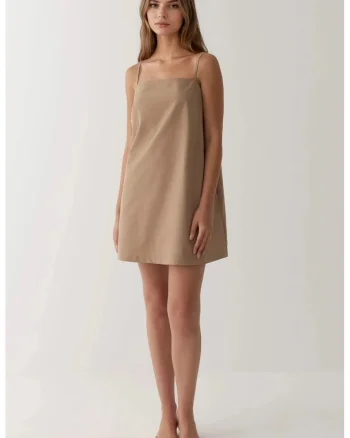 Rochie mini,  guler patrat, buzunare, bej, textil