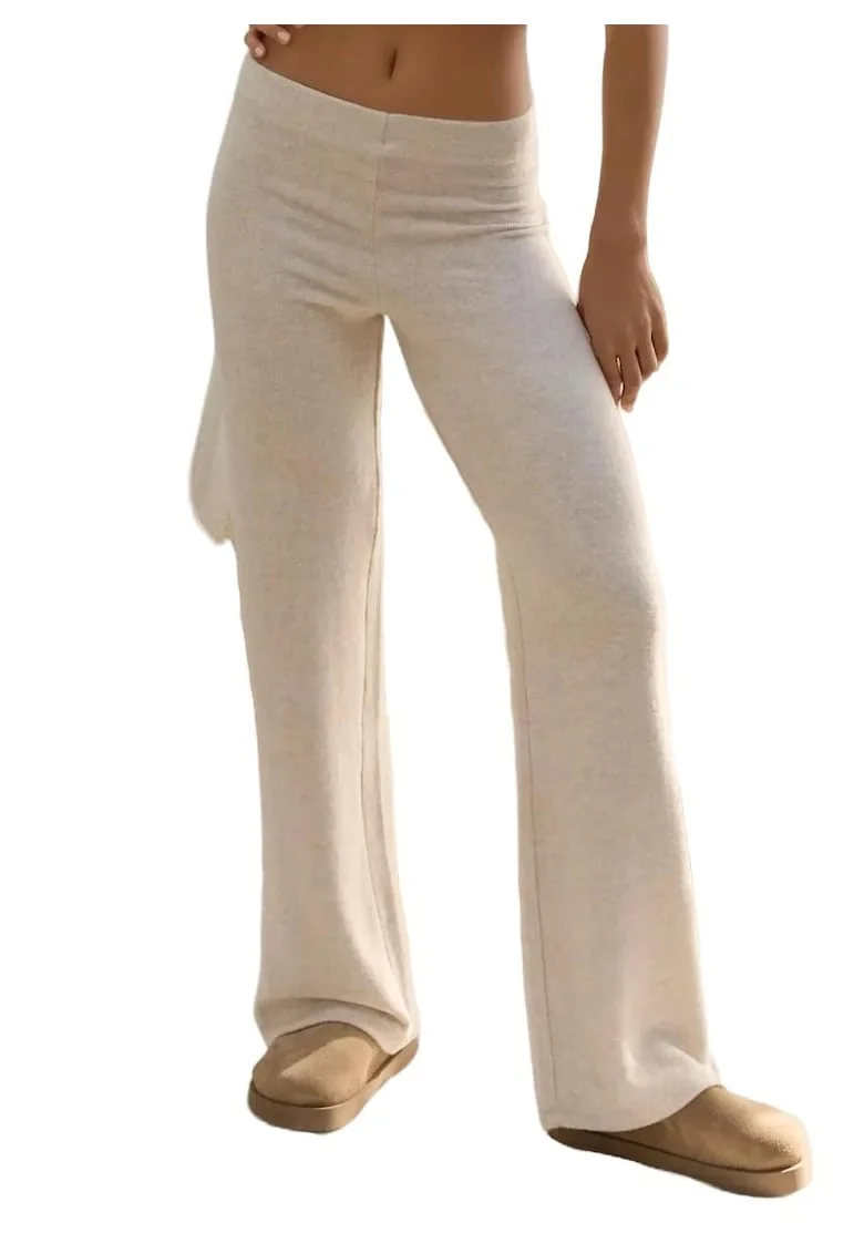 Pantaloni dama,  talie inalta, bej, tricot