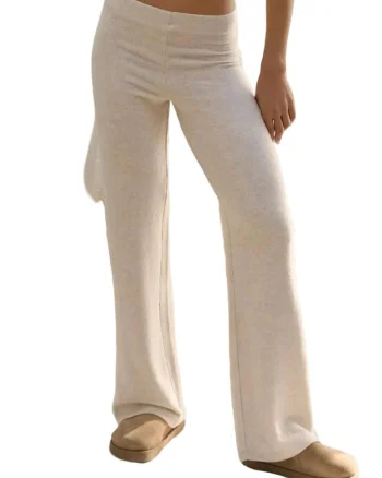 Pantaloni dama,  talie inalta, bej, tricot
