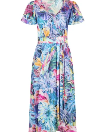 Rochie cu decolteu cache-coeur si imprimeu tropical