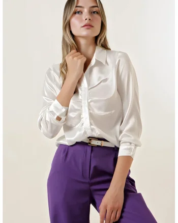 Camasa dama HiCCUP satin cu nasturi, alb, satin, Alb