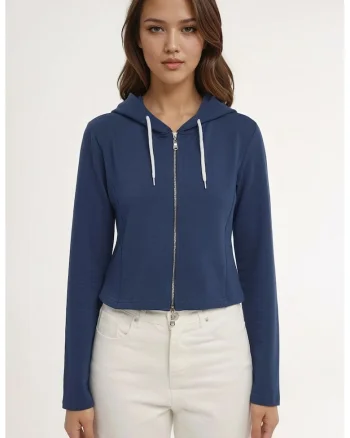 Hanorac dama,  cu gluga si fermoar, bleumarin, tricot
