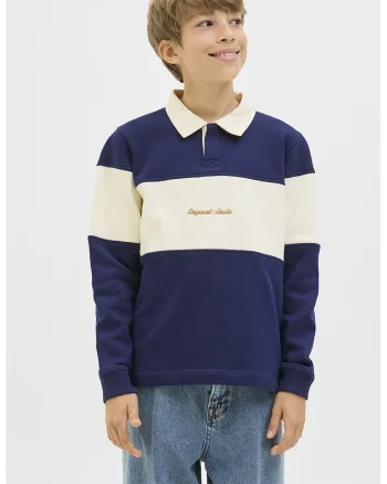 Bluza de trening cu guler polo, Crem/Bleumarin