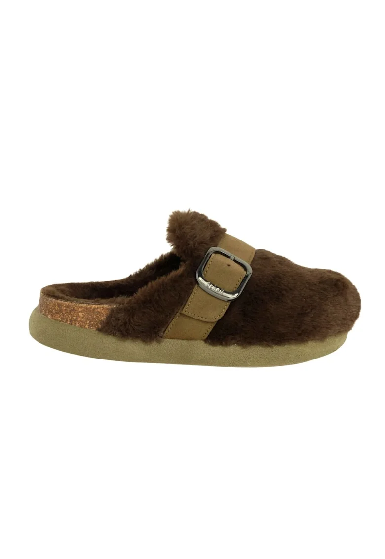 Saboti dama  Ivy Big Buckle, piele naturala, blana, verde, confortabili,
