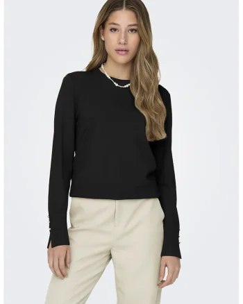 Pulover slim fit cu mansete cu nasturi, Negru