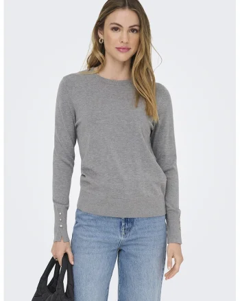 Pulover slim fit cu mansete cu nasturi, Gri deschis melange