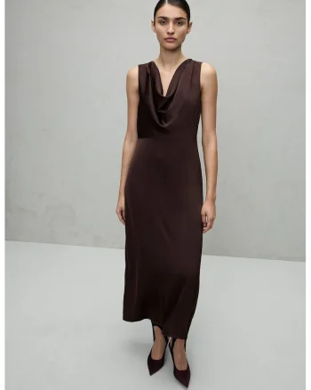Rochie din satin cu decolteu drapat, Maro