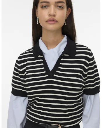 Tricou polo cu model in dungi, Negru/Bej