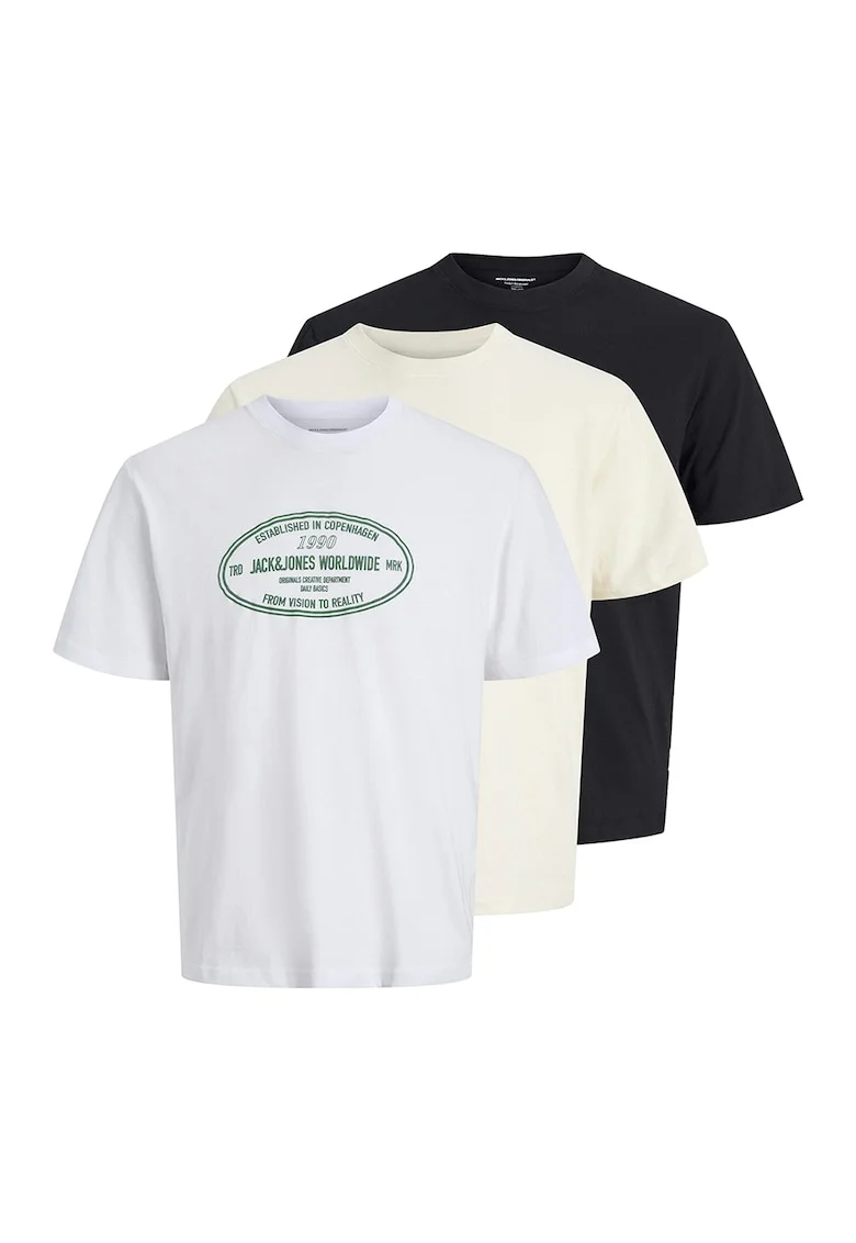 Set de tricouri cu decolteu la baza gatului si imprimeu logo - 3 piese, Negru/Alb optic/Crem