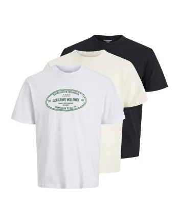 Set de tricouri cu decolteu la baza gatului si imprimeu logo - 3 piese, Negru/Alb optic/Crem