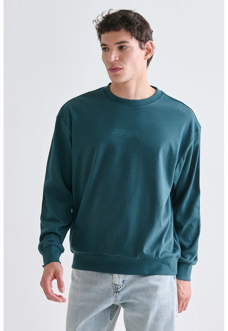 Bluza de trening din amestec de bumbac cu imprimeu text, Albastru petrol