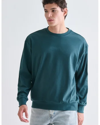 Bluza de trening din amestec de bumbac cu imprimeu text, Albastru petrol