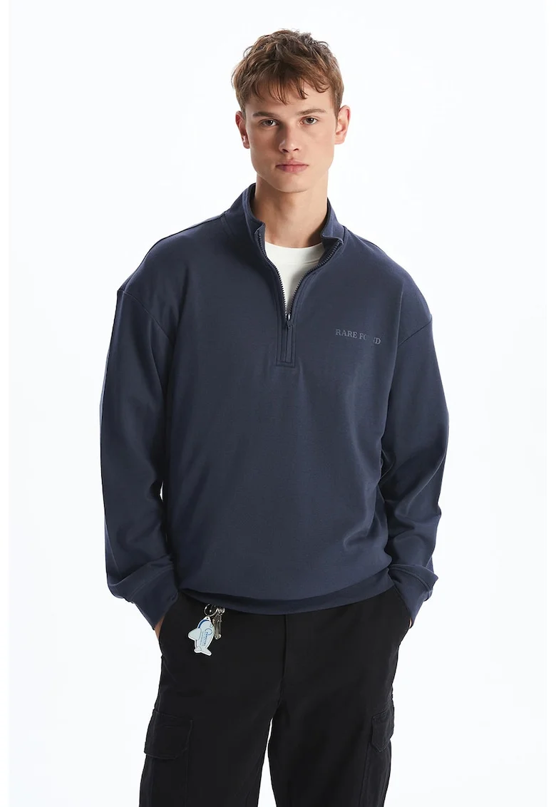 Bluza de trening din amestec de bumbac cu fenta cu fermoar, Bleumarin