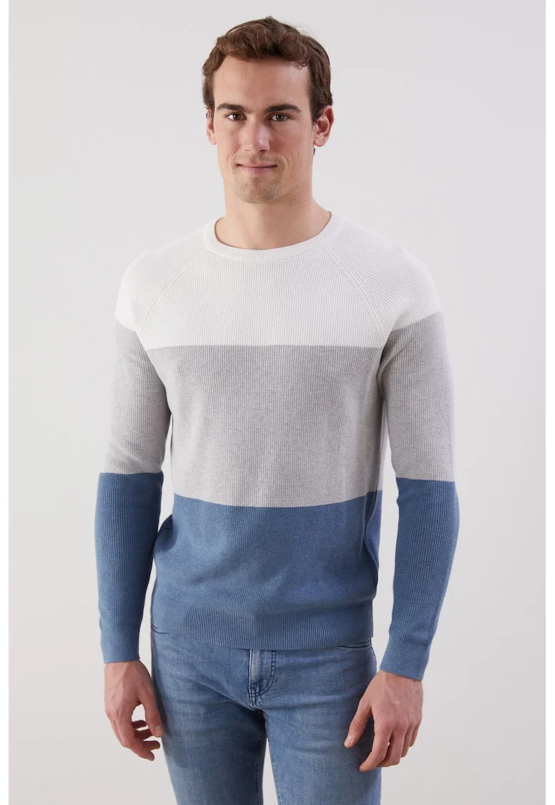 Pulover colorblock de bumbac, Albastru inchis/Alb murdar/Gri deschis melange
