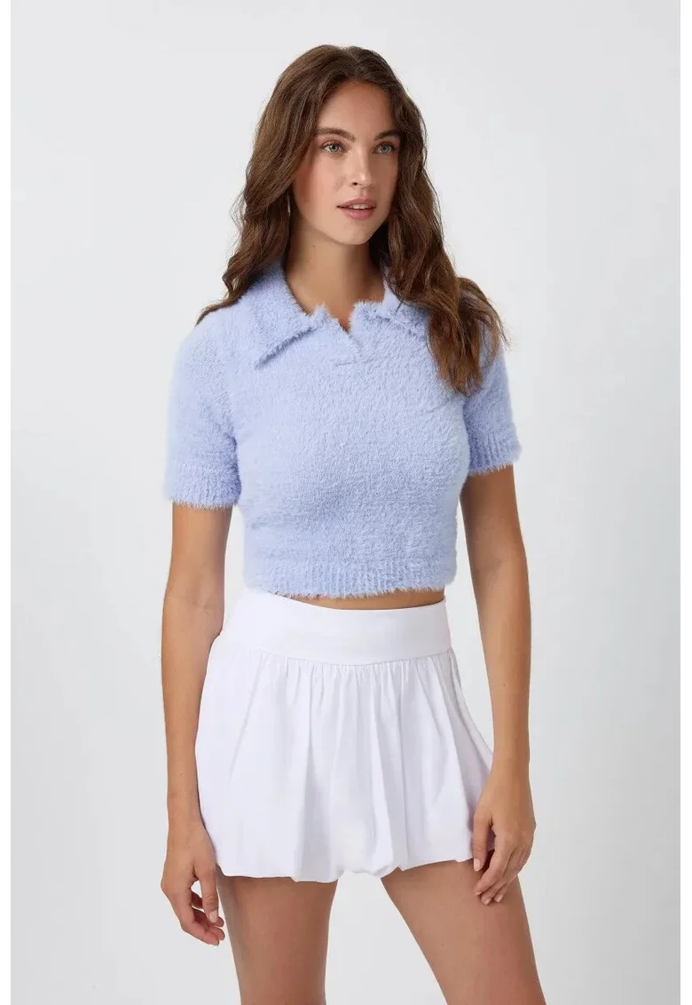 Top tricotat,  top scurt cu guler polo, albastru, tricot,