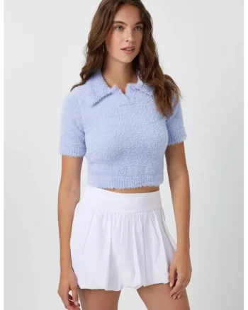 Top tricotat,  top scurt cu guler polo, albastru, tricot,