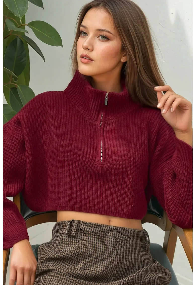 Pulover dama  crop, gros tricotat, guler cu fermoar, tricot, Rosu Burgund,