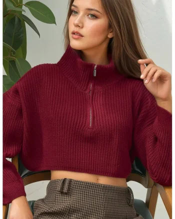 Pulover dama  crop, gros tricotat, guler cu fermoar, tricot, Rosu Burgund,