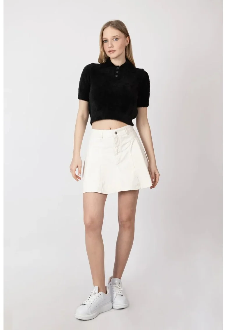 Pulover dama,  pufos, guler camasa, maneca scurta, tricot, Negru,