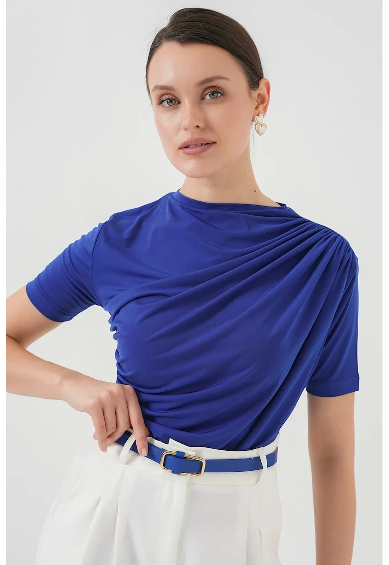 Tricou dama  tricot/elastan, decolteu rotund, detalii cu volane, albastru cobalt,
