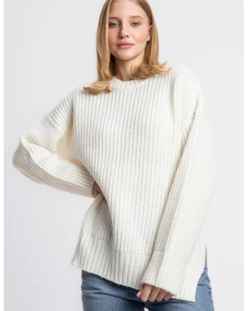 Pulover  casual, tricot, cu guler rotund, alb