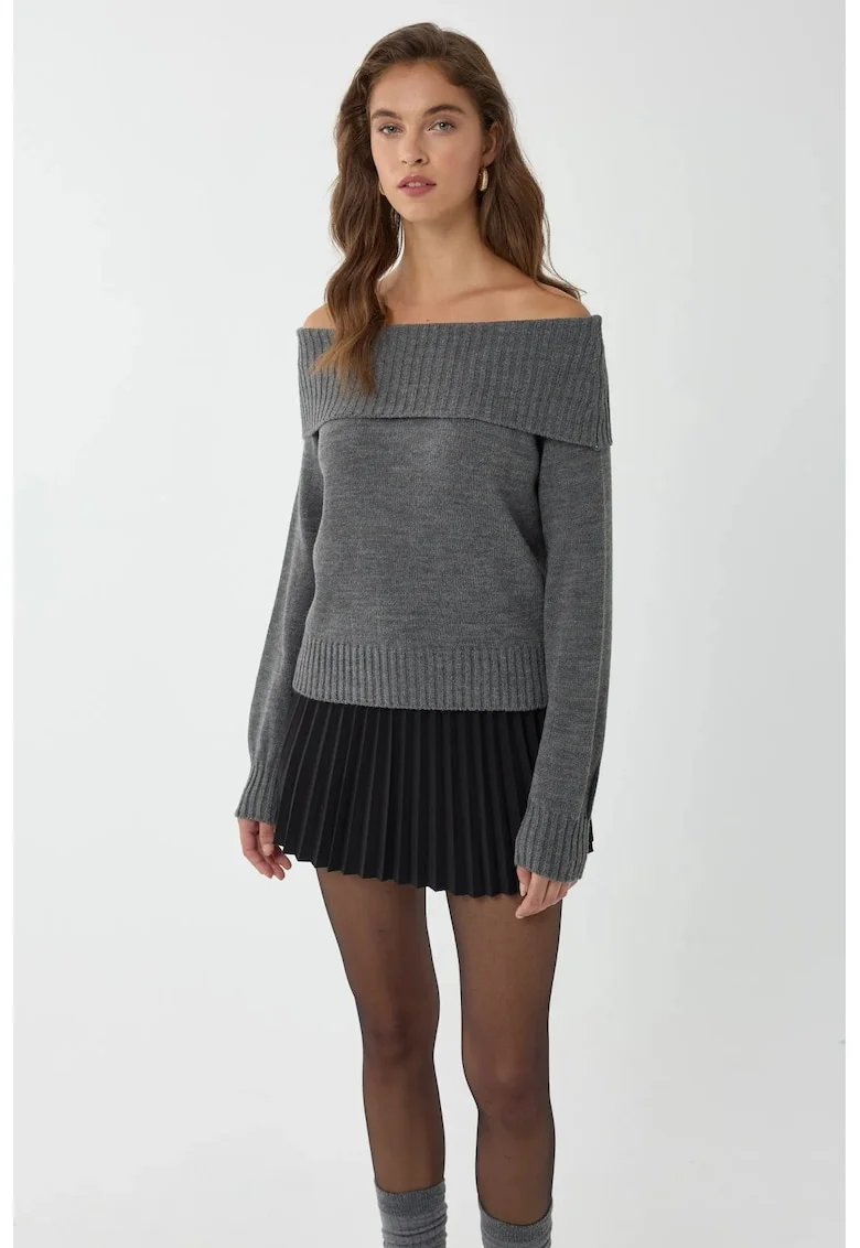 Pulover tricotat,  umeri goi, acril/tricot, gri